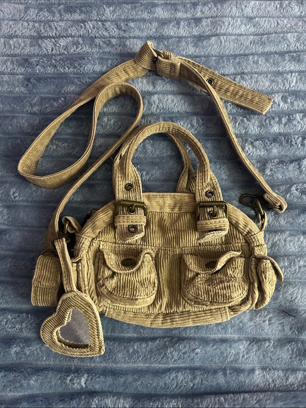 Mini BDG Tan Corduroy Crossbody Bag with Heart Mirror Charm
